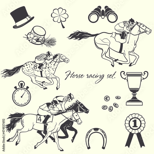 Horse racing. Set of elements. Horses, jockeys, stopwatch, coins, hat, top hat, prize cup, binoculars. Vector graphics.