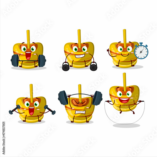 A healthy yellow sugar candy cartoon style trying some tools on Fitness center