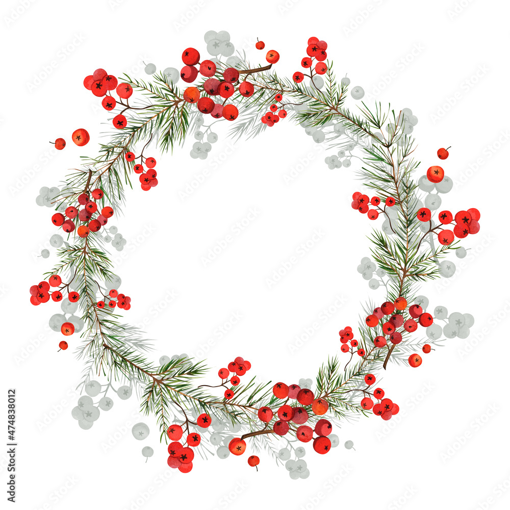 Winter wreath. Rowan berries and spruce twigs. Watercolor illustration. Winter wreath. Rowan berries and spruce twigs. Watercolor illustration.