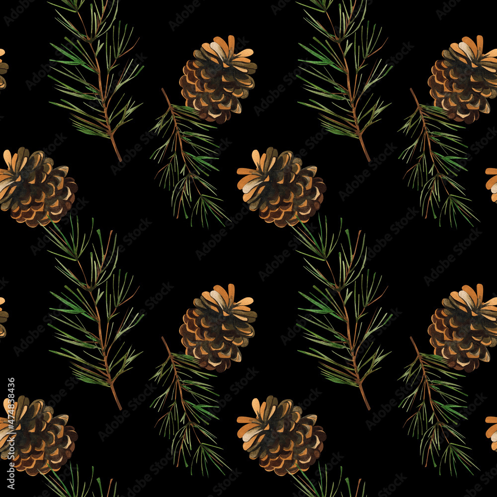 Naklejka premium Forest, autumn, winter pattern. Cones and spruce, cedar, pine twigs. Watercolor illustration. Ready-made seamless pattern for design of textiles, packaging, paper, cards.