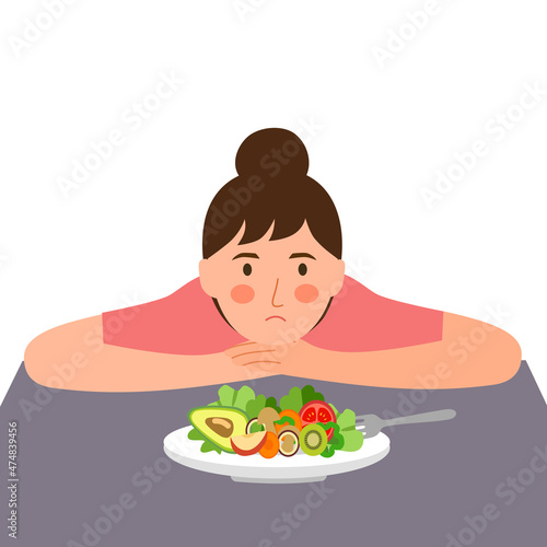Woman feel not hungry concept vector illustration on white background. Female unable to eat.