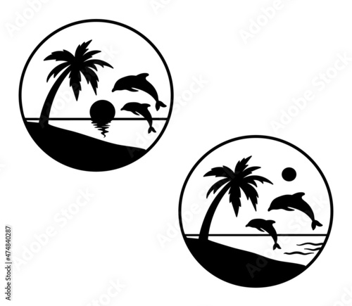 Palm trees and dolphin round icons. Sunset Sea in circle emblem. Vector Silhouette isolated on white background.