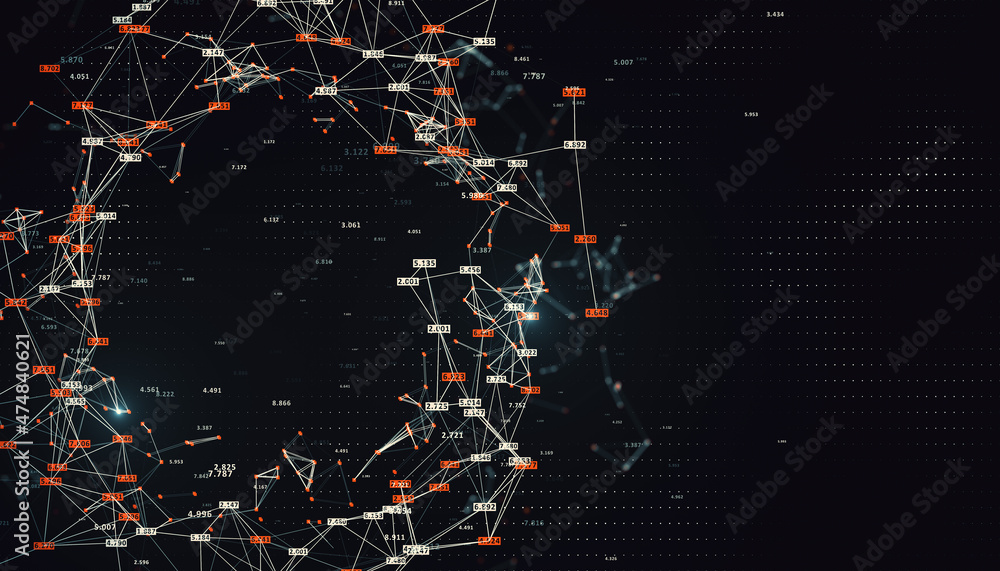 Fototapeta premium Creative glowing big data connections circle on black background with wide mock up place. Science, digital network and technology concept. 3D Rendering.