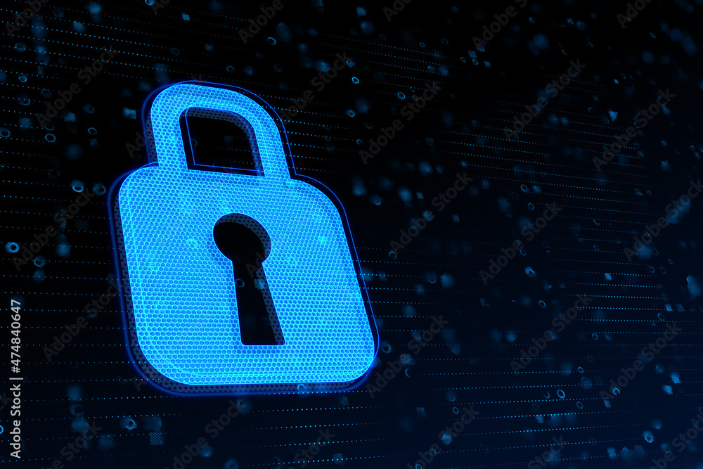 Creative glowing blue padlock hologram on dark background with mock up place. Digital safety and security concept. 3D Rendering. Creative glowing blue padlock hologram on dark background with mock up place. Digital safety and security concept. 3D Rendering.