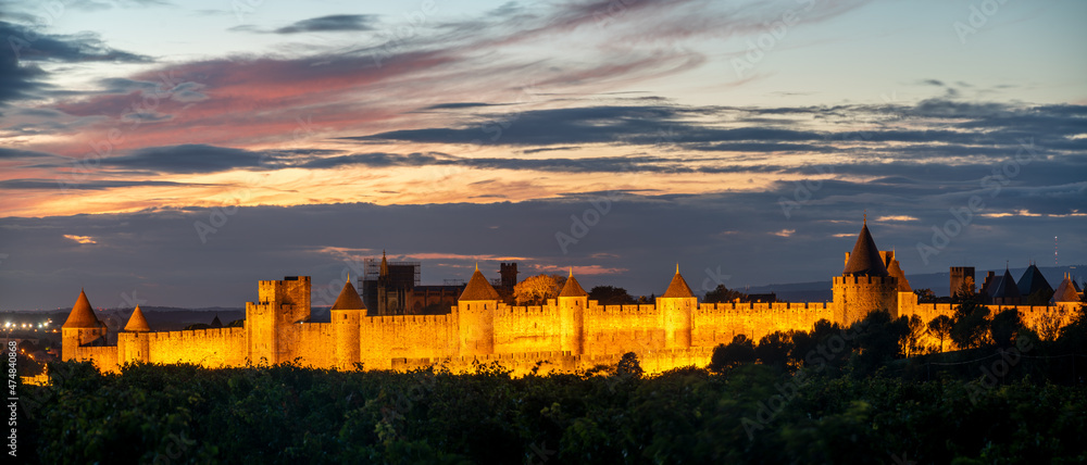Lighted Carcassonne fortification walls seen from vineyards surrounding the city-Panorama.