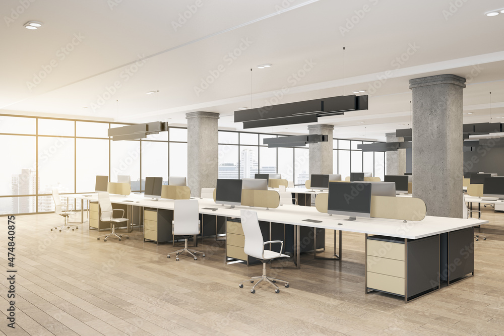 Contemporary concrete and wooden coworking office interior with panoramic city view, sunlight, furniture, equipment, daylight and technology. Workplace and corporation concept. 3D Rendering.