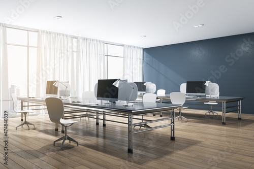 Modern concrete and wooden coworking office interior with white curtains, windows and city view, furniture, equipment, daylight and technology. Workplace and corporation concept. 3D Rendering.