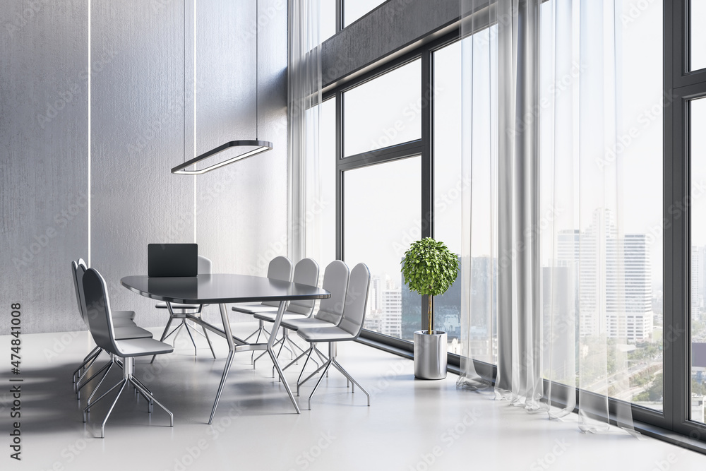 Contemporary meeting room office interior with table, armchairs, window with city view and daylight. Workplace and law and legal concept. 3D Rendering. Contemporary meeting room office interior with table, armchairs, window with city view and daylight. Workplace and law and legal concept. 3D Rendering.