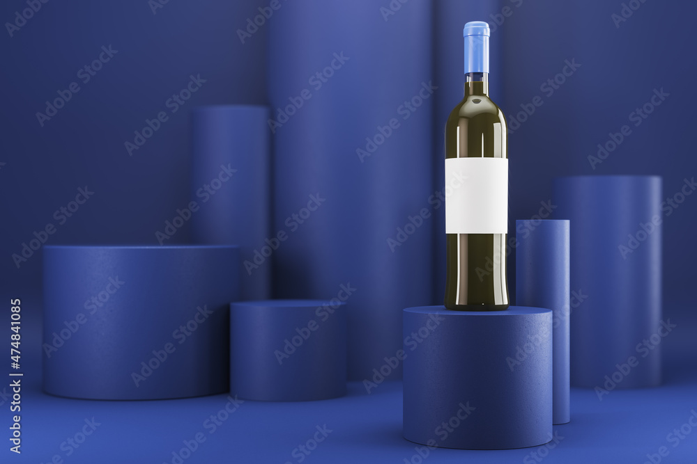 Wine bottle with empty mock up label on blue backdrop. Advertisement and branding, liqor and beverage concept. 3D Rendering. Wine bottle with empty mock up label on blue backdrop. Advertisement and branding, liqor and beverage concept. 3D Rendering.