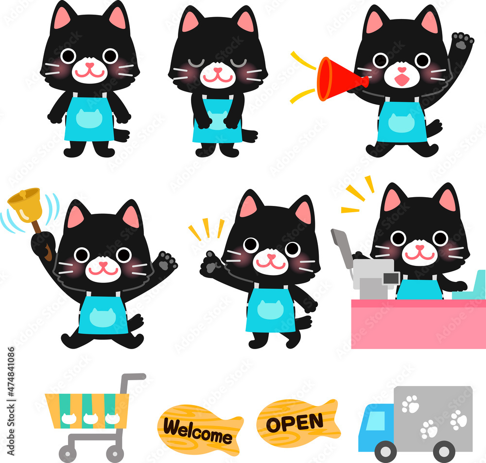 エプロンをした猫の店員のイラストセット エプロンをした猫の店員のイラストセット