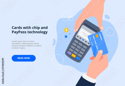 A person pays for a purchase by credit or debit card. Contactless payment system or technology, EMV chip concept. Vector flat illustration for banners, landing page. photo