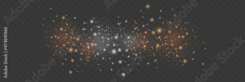 The dust sparks and golden stars shine with special light. Vector sparkles on a transparent background. Christmas light effect. Sparkling magical dust