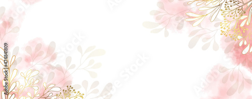 Luxurious golden wallpaper. Minimalistic style. Banner with flowers and leaves. Watercolor pink and beige spots on a white background. Shiny flowers and twigs. Vector file.