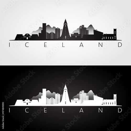 Iceland skyline and landmarks silhouette, black and white design, vector illustration.