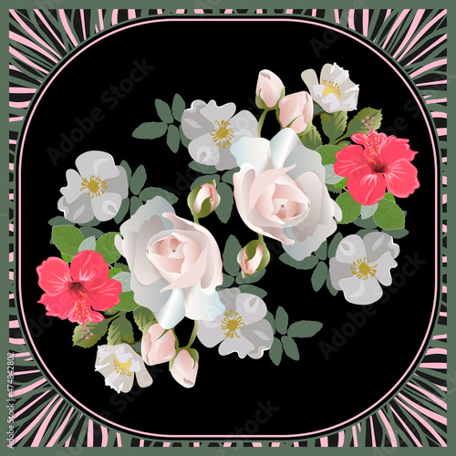 Ventor floral bright pattern for design of headscarf, hijab. Bouquet of flowers in the center of a square with a wavy frame on a black background
