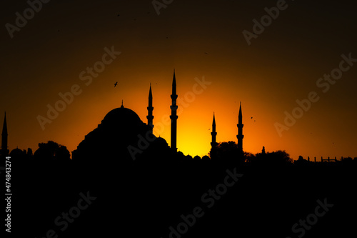 Ramadan background. Silhouette of mosque at sunset. Mosques of Istanbul.