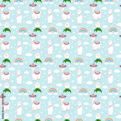 Wallpaper Mural Seamless pattern with funny llamas in sombrero, clouds, stars and rainbows on a blue background. Vector illustration for baby texture, textile, fabric, poster, postcard, decor. Alpaca from Peru. Torontodigital.ca