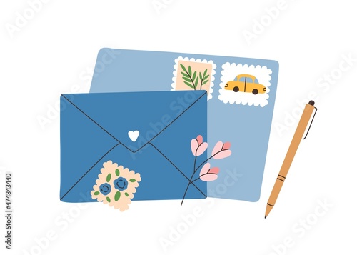 Closed envelopes with post stamps, pen and flower. Paper correspondence with handwritten letters. Abstract mail composition. Colored flat vector illustration isolated on white background