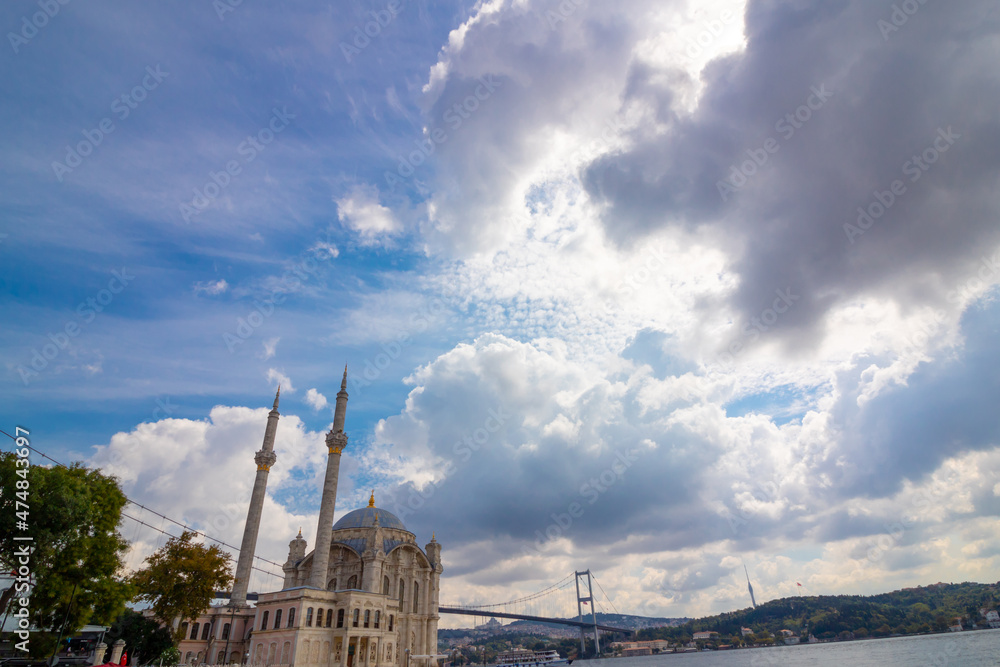 Fototapeta premium Ortakoy Mosque. Ortakoy Mosque and Bosphorus Bridge with cloudy sky in Istanbul
