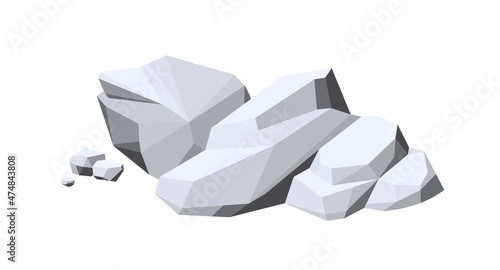 Polygonal rocks. Geometric stones with angular facets. Abstract boulders and cobbles. Heavy solid rubble and cobblestones. Lowpoly cartoon vector illustration isolated on white background