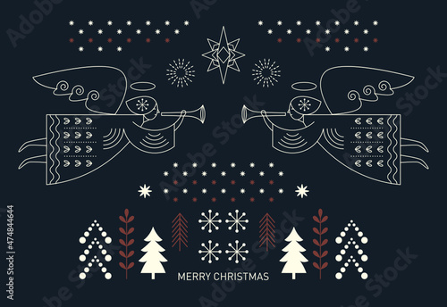 Christmas card. Flying Christmas angels and xmas star. Vector illustration in minimal geometric style	
