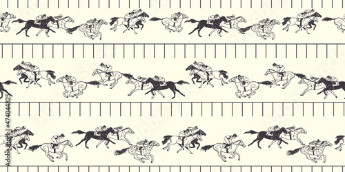 Seamless vector pattern. Horse racing. Racetrack, horses, jockeys.