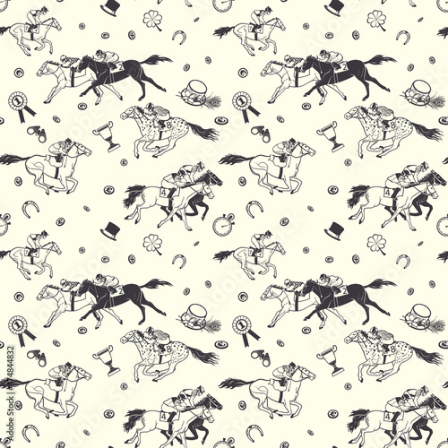 Seamless vector pattern. Horse racing. Horses, jockeys, stopwatches, horseshoes, clovers, coins, winner's cup, hats and binoculars.