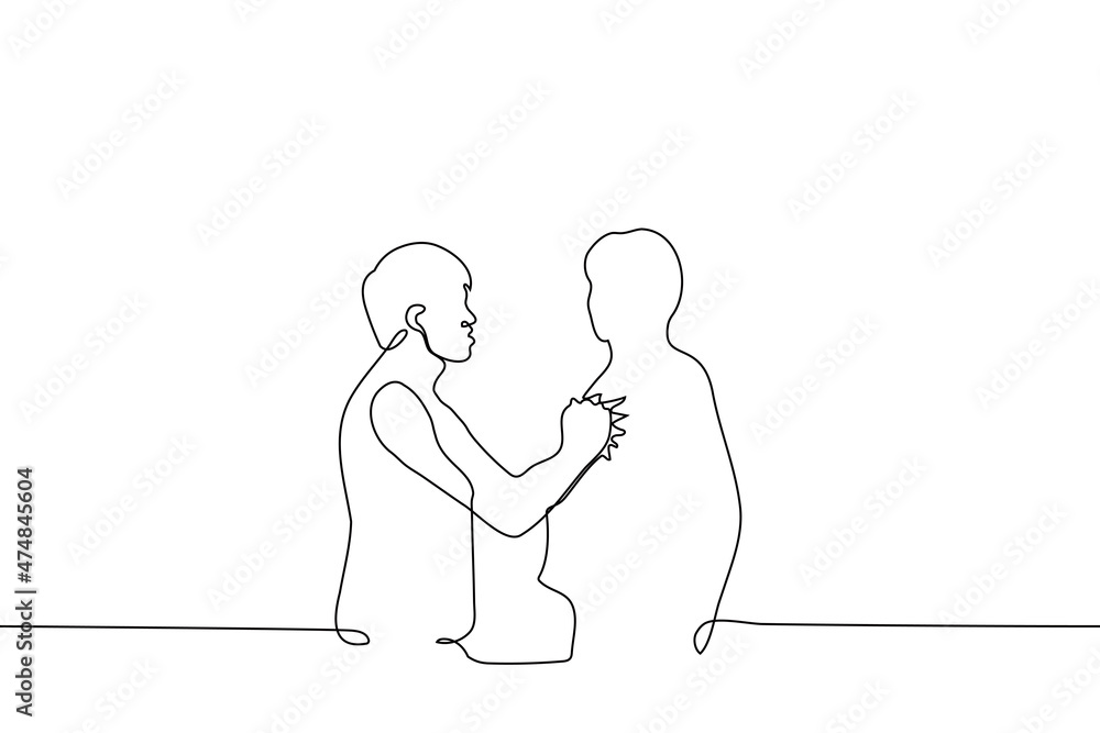 angry man grabbed another's clothes - one line drawing vector. concept of indignation, use of physical force, conflict, attack angry man grabbed another's clothes - one line drawing vector. concept of indignation, use of physical force, conflict, attack