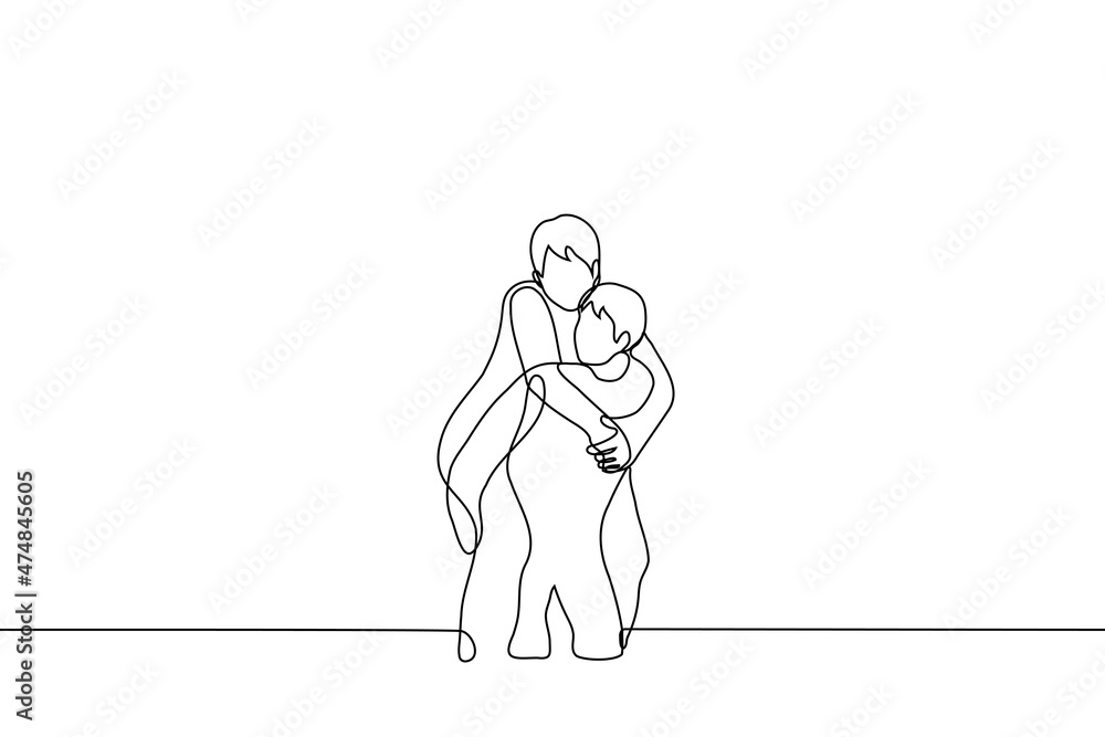 man carries on back another - one line drawing vector. piggyback concept man carries on back another - one line drawing vector. piggyback concept