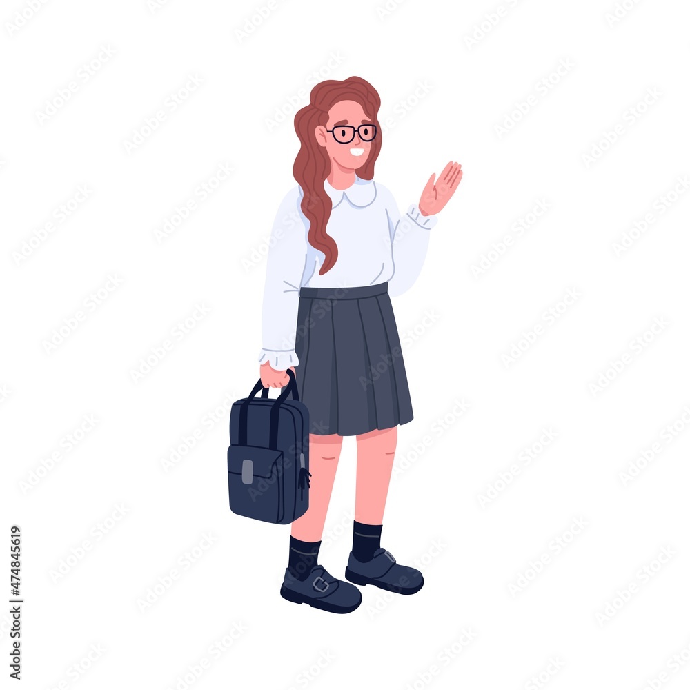 Happy school child with backpack in hands greeting smb. Girl pupil gesturing hi. Primary schoolgirl in formal outfit. Flat vector illustration of smiling kid in glasses isolated on white background Happy school child with backpack in hands greeting smb. Girl pupil gesturing hi. Primary schoolgirl in formal outfit. Flat vector illustration of smiling kid in glasses isolated on white background