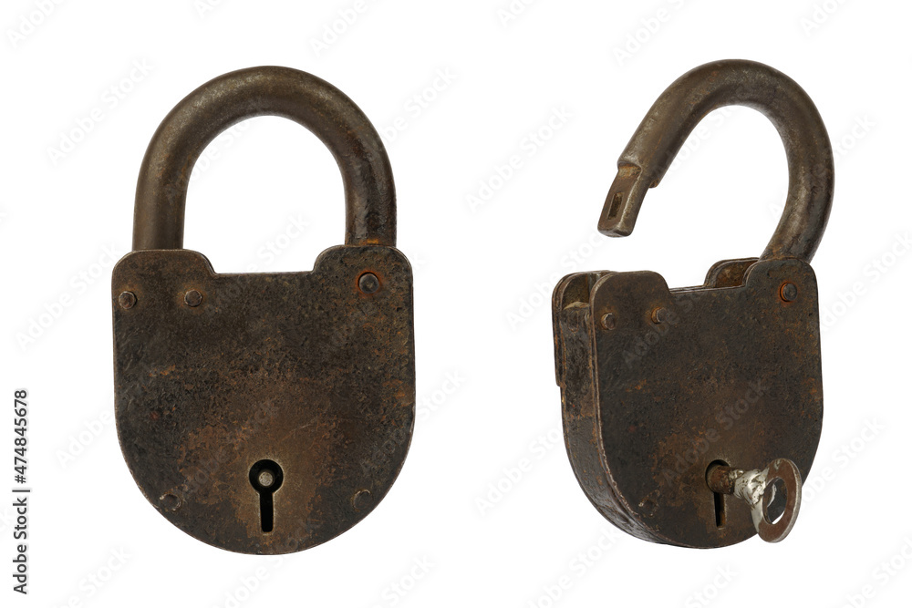 two padlocks locked and unlocked isolated on white two padlocks locked and unlocked isolated on white