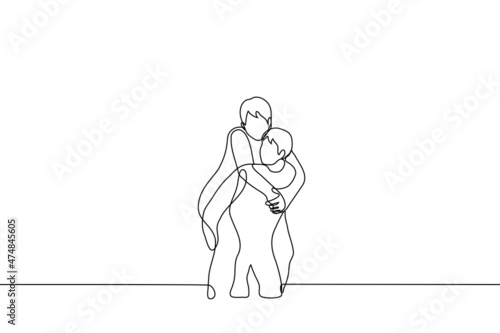 man carries on back another - one line drawing vector. piggyback concept