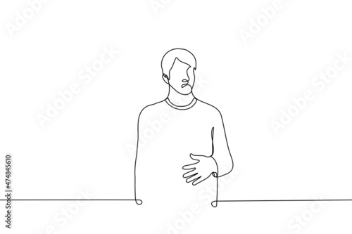 man with grimace on face grabbed belly, sore belly - one line drawing vector. concept of overeating, heartburn, intestinal problems, diarrhea