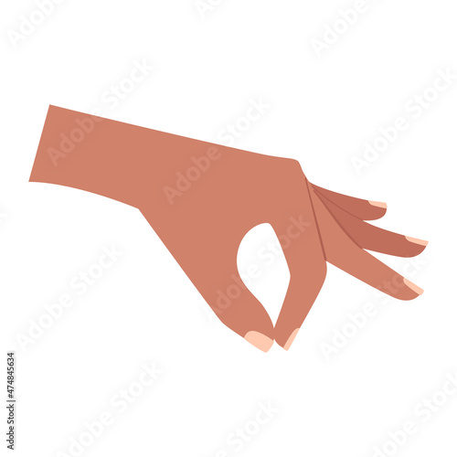 A human hand. Pinch gesture. Holding something hanging. Color vector illustration isolated on white background