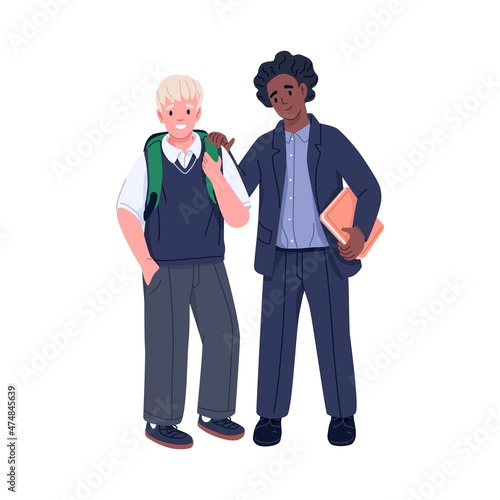 Happy school children portrait. International boys classmates. Smiling schoolboys friends standing together. Biracial kids. Flat vector illustration of schoolkids isolated on white background