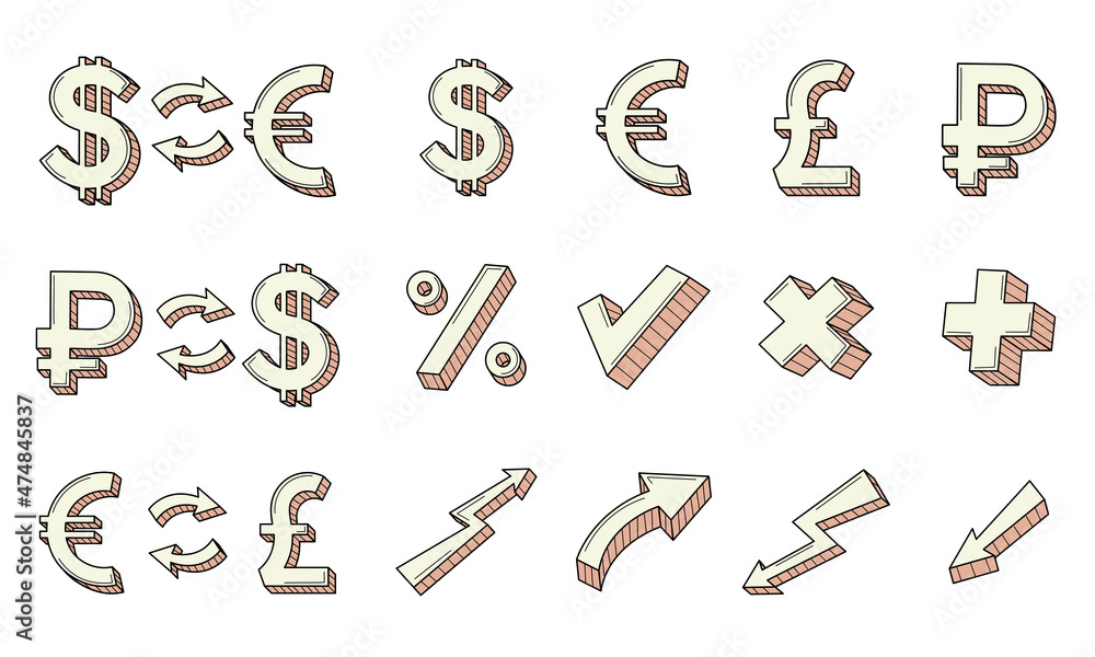 A set of colored doodle business, icons. Currency exchange symbols, ruble, dollar, euro, pound, arrows. The growth and fall of the currency. Hand-drawn colorful vector illustration. Isolated on white.