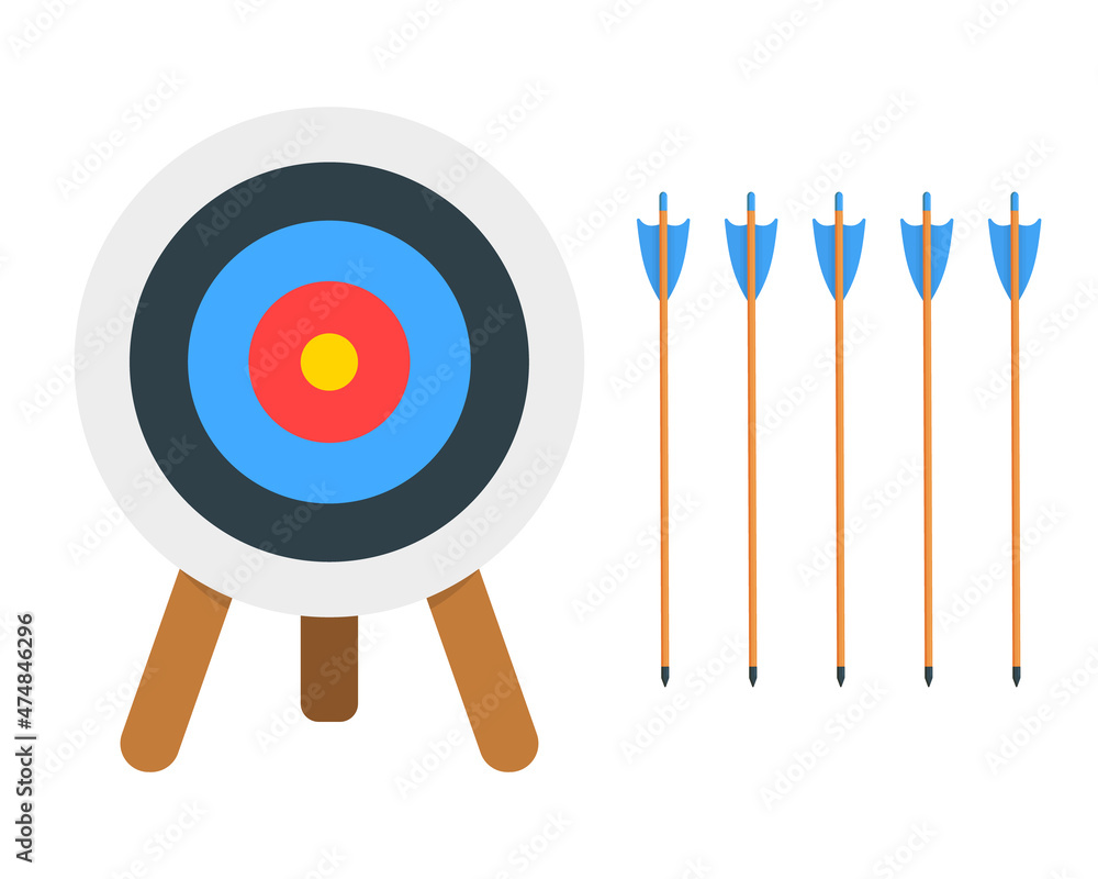 Empty dartboard on tripod and arrows isolated on white background. Archery target ring constructor for sport or business infographic. Vector cartoon illustration. Empty dartboard on tripod and arrows isolated on white background. Archery target ring constructor for sport or business infographic. Vector cartoon illustration.