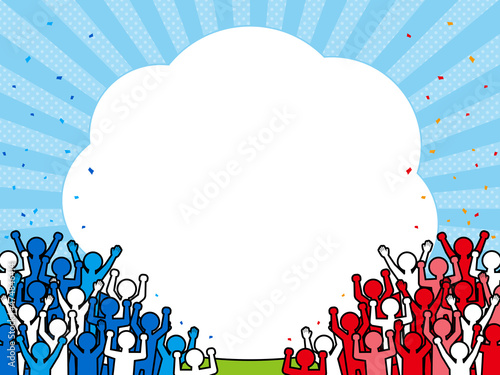 応援する大勢の人々（赤・青）　背景・フレーム素材