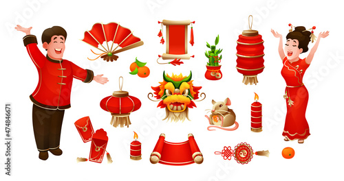 Chinese traditional Happy New Year set. China ethnic lantern, dragon, mask, red burning candles