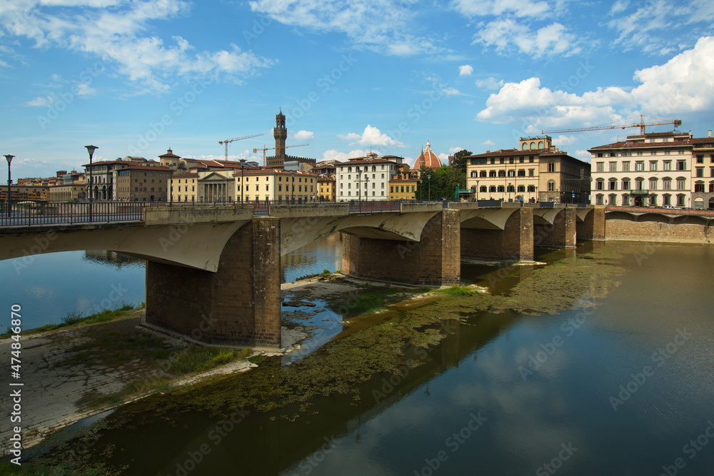 View of the bridge Ponte alle Grazie over the river Arno in Florence, Italy, Europe
