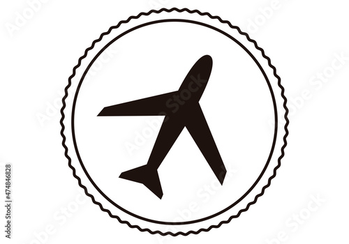 Sello con icono de un avión en fondo blanco. 