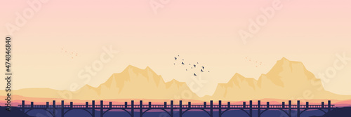 bridge on mountain landscape with bird flying silhouette vector illustration good for wallpaper  background  backdrop design  template design and tourism design template