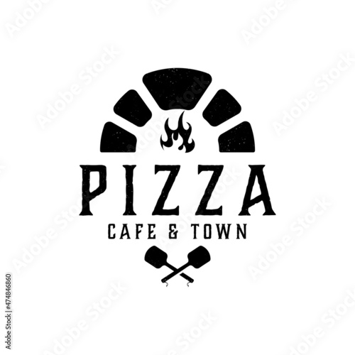 Pizzeria logo with oven shovel. Wood fired pizza on white background