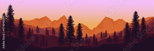 sunrise at mountain with pine tree forest silhouette vector illustration good for wallpaper  background  backdrop design  template design and tourism design template