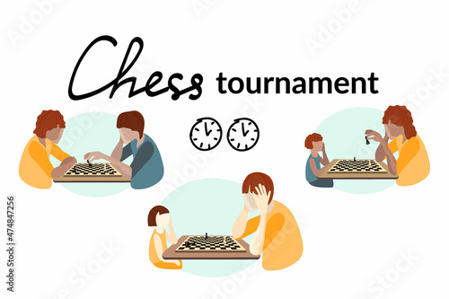 The concept of a chess tournament. People of different ages and races play chess. Chessboard and the pieces on it. Vector in flat style.