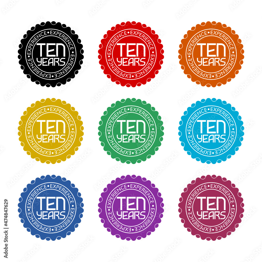 Ten 10 years experience icon isolated on white background, color set