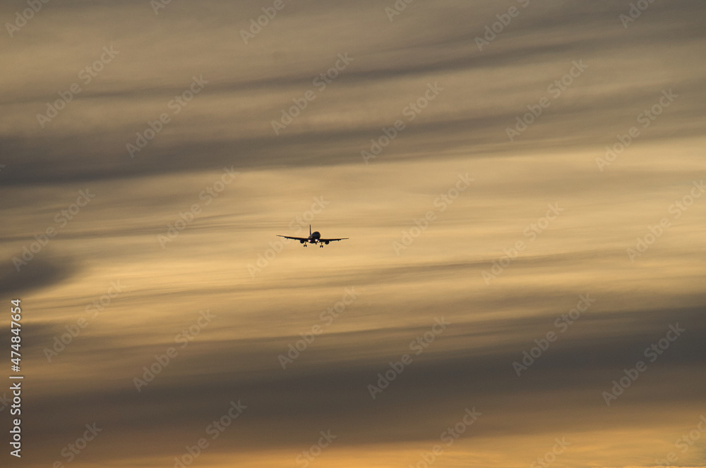 Fototapeta premium airplane in the evening sky in luminous horizon.