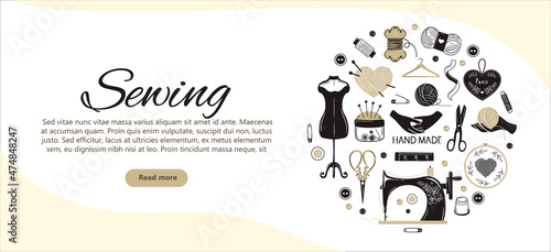 Vector illustration concept for sewing, handmade, accessories, embroidery, craft. Banner template for web banners and promotional materials.