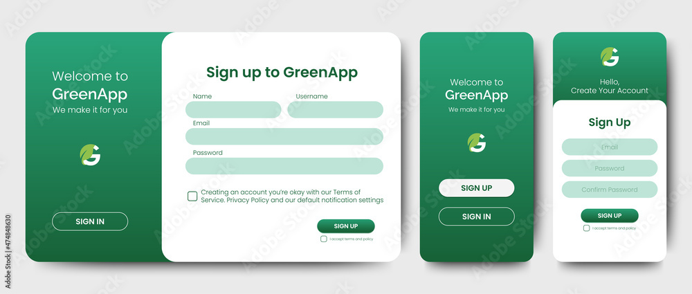 Set of Sign Up and Sign In forms for web and mobile. Green gradient. Registration and login forms page. Professional web design, full set of elements. User-friendly design materials.
Set of Sign Up and Sign In forms for web and mobile. Green gradient. Registration and login forms page. Professional web design, full set of elements. User-friendly design materials.