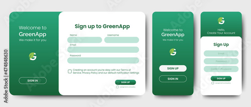 Set of Sign Up and Sign In forms for web and mobile. Green gradient. Registration and login forms page. Professional web design, full set of elements. User-friendly design materials.

